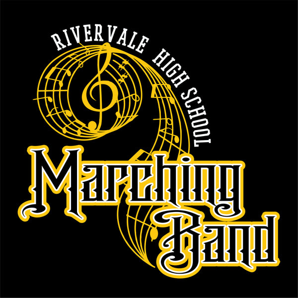 Rivervale High School Marching Band logo with musical elements on a black background