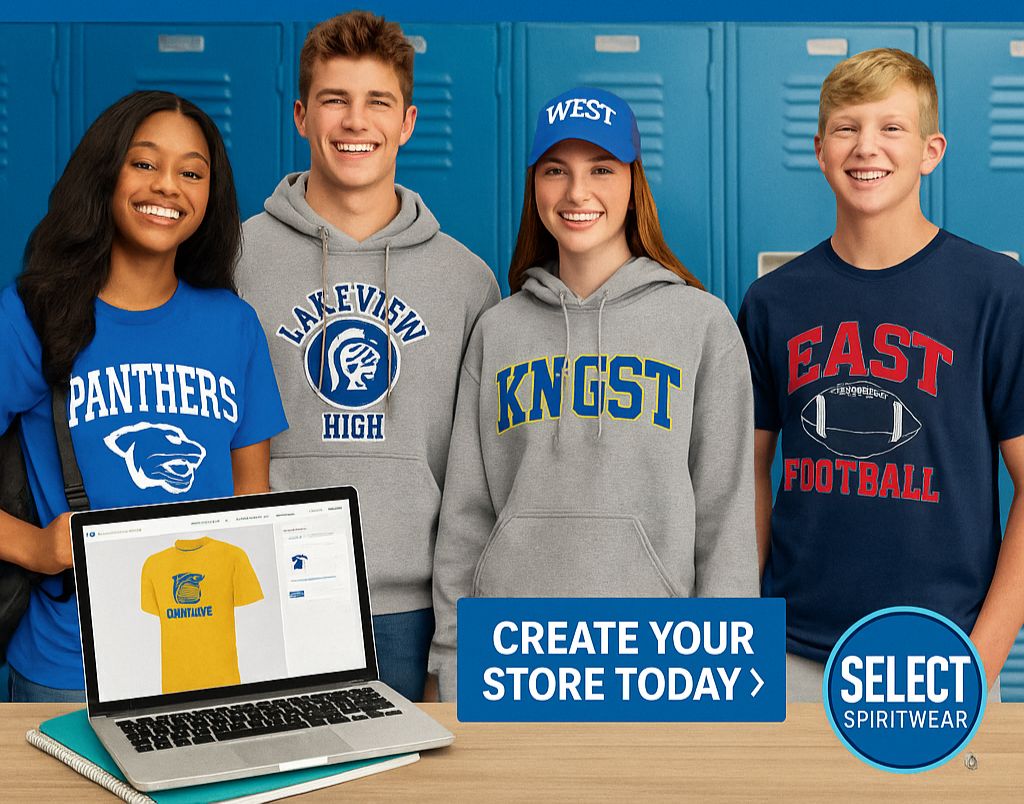 Four students wearing school-themed apparel with a laptop displaying a design, set against a blue locker background. Select Spiritwear logo visible.