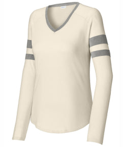 Ladies Halftime Stripe Long Sleeve V-Neck Tee