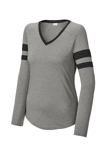 Ladies Halftime Stripe Long Sleeve V-Neck Tee