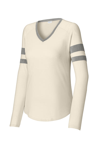 Ladies Halftime Stripe Long Sleeve V-Neck Tee