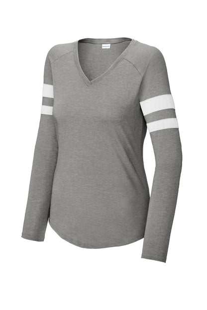 Ladies Halftime Stripe Long Sleeve V-Neck Tee