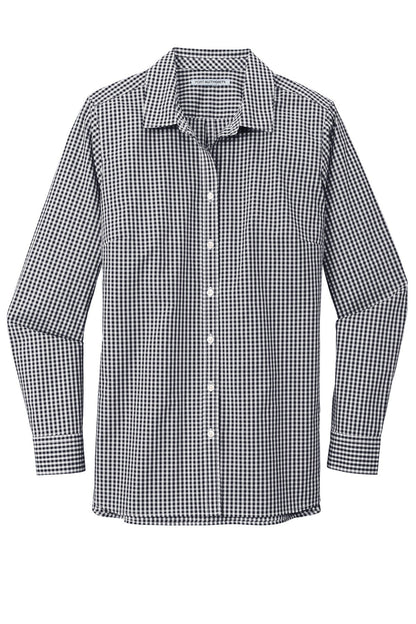 Ladies Broadcloth Gingham Long Sleeve Button Down Shirt