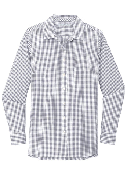 Ladies Broadcloth Gingham Long Sleeve Button Down Shirt