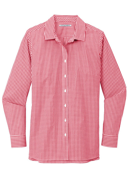 Ladies Broadcloth Gingham Long Sleeve Button Down Shirt
