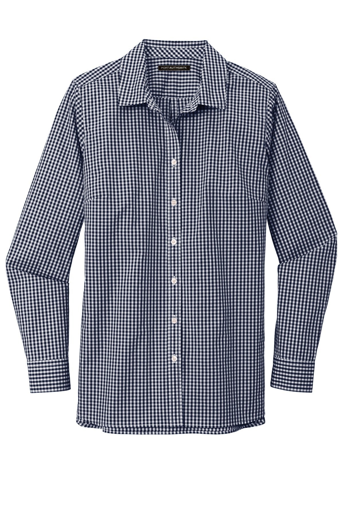 Ladies Broadcloth Gingham Long Sleeve Button Down Shirt