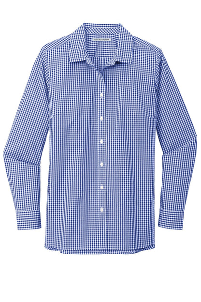 Ladies Broadcloth Gingham Long Sleeve Button Down Shirt